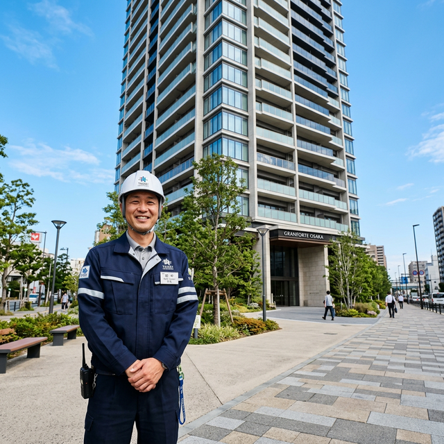 完成したビルの前に立つ男性