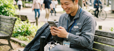 携帯を見ている施工管理の男性