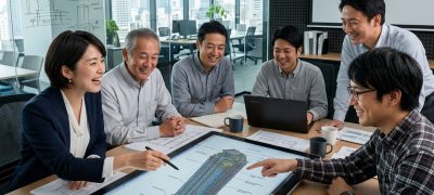 建設会社で話し合いしている風景