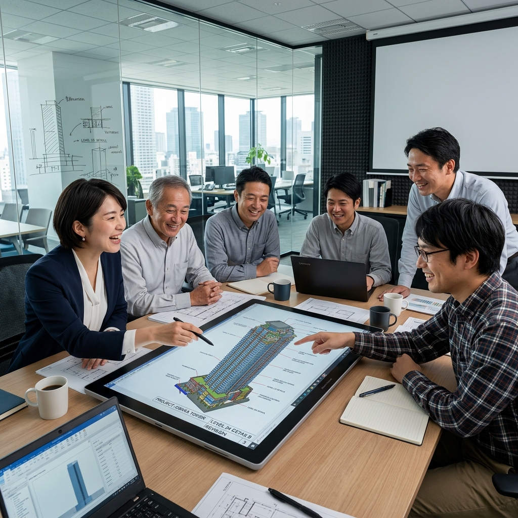 建設会社で話し合いしている風景